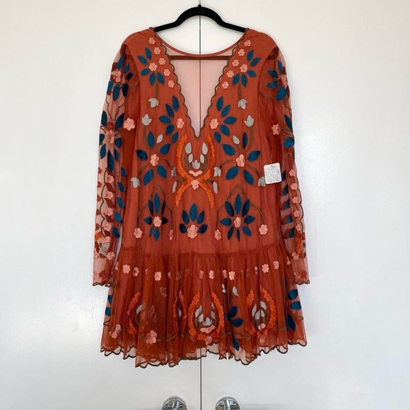 Free People | Tan bronze floral embroidered mini dress | Size S | NWT - Picture 5 of 8